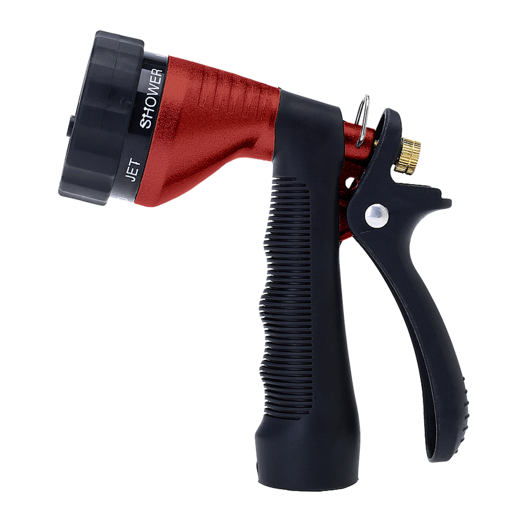 GREEN MOUNT Metal Garden Hose Nozzle with Adjustable Spray Patterns (Red)